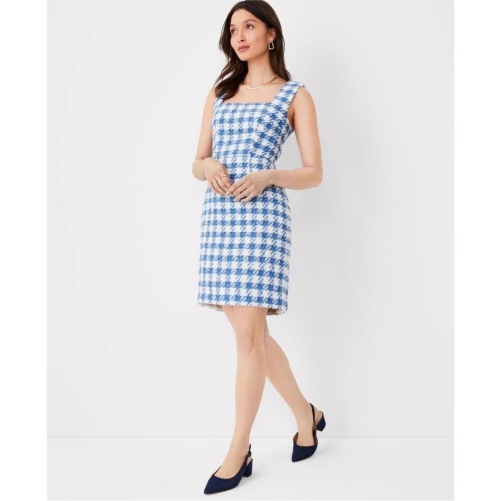 Ann Taylor Tweed Square Neck Shift Mini Dress Vintage Houndstooth Dorthy Party